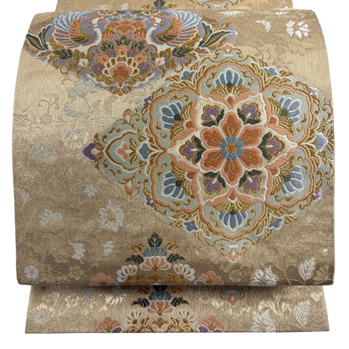 美品】 袋帯 秀品 香貴錦 華文 向かい鳥 唐織 金糸 金色 六通 正絹