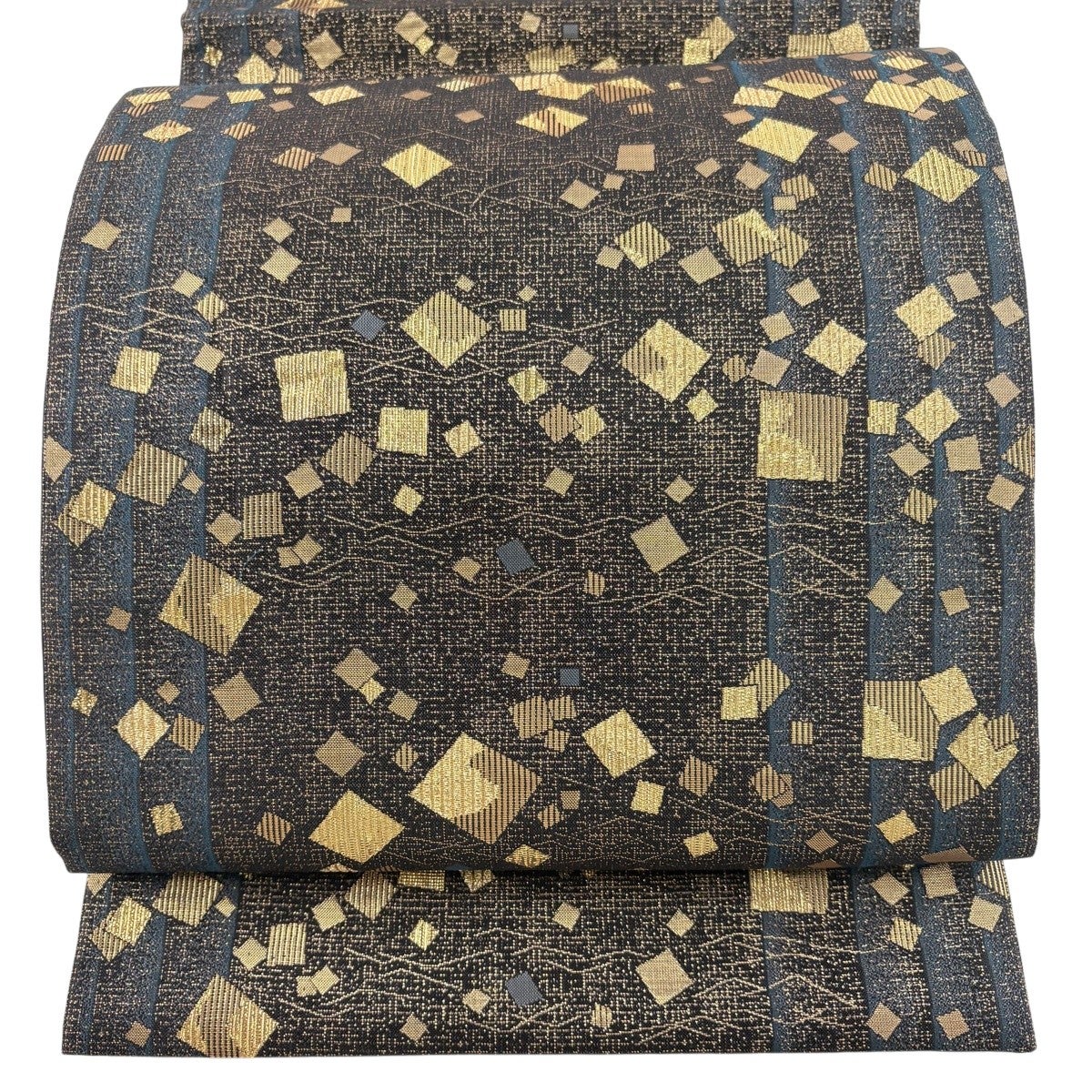 N美品　袋帯六通　刻糸綴 美品】 袋帯 秀品 霞 幾何学模様 金銀糸 墨色 六通 正絹｜中古・古着