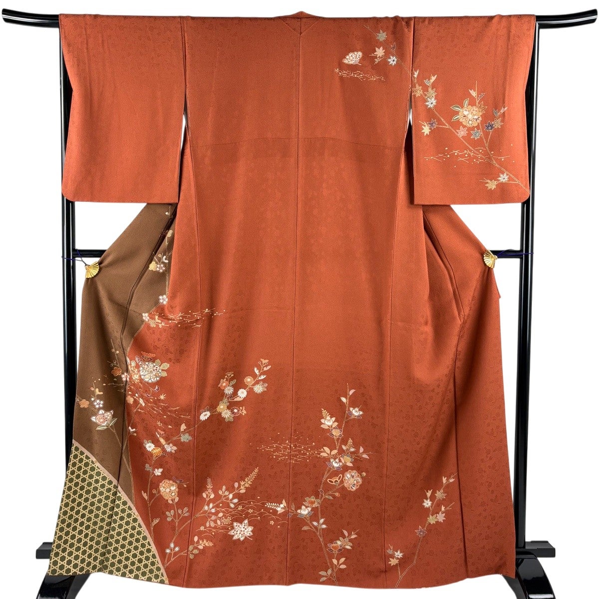 訪問着 身丈157cm 裄丈64.5cm M 袷 枝梅 縦縞 金彩 赤茶 正絹 秀品