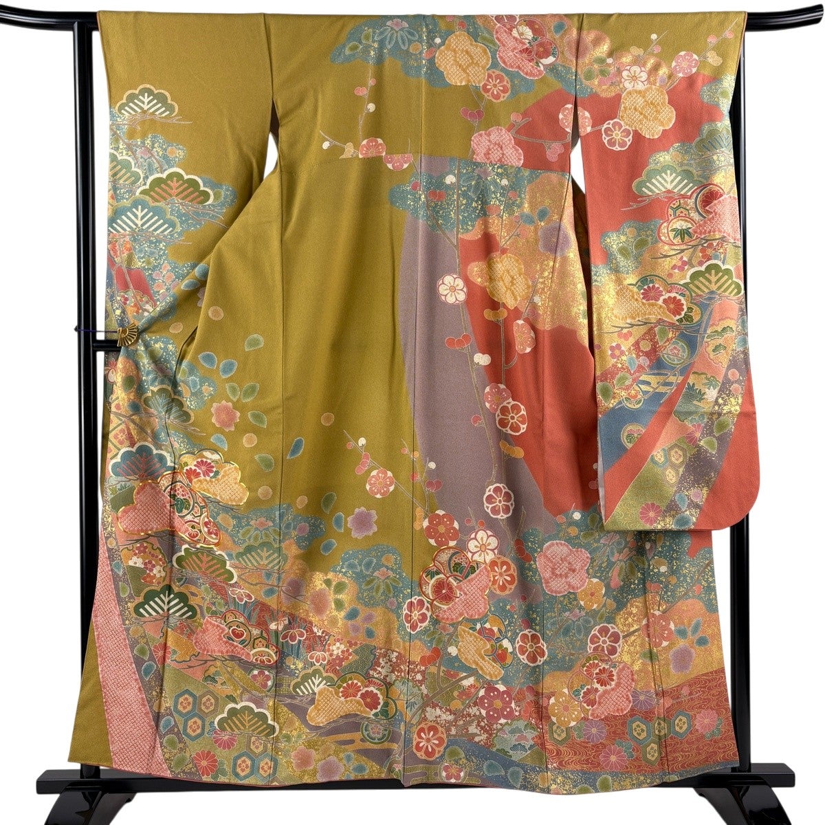 振袖 身丈158.5cm 裄丈65cm M 袷 落款あり 笠松 桜 金糸 絞り 黄土色