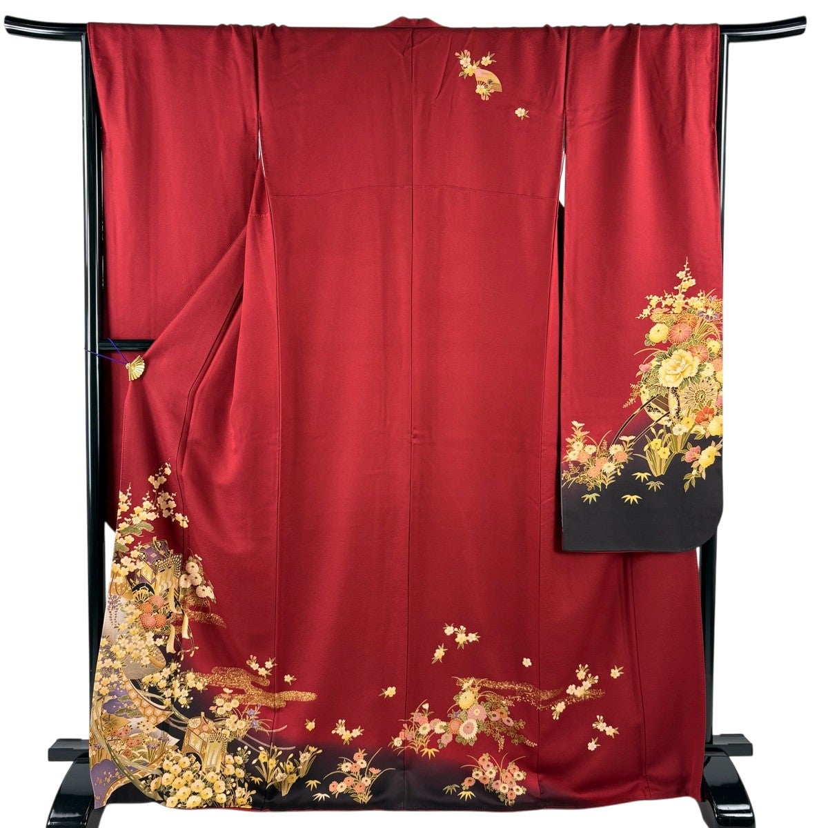 50%OFF 振袖 身丈163cm 裄丈68cm L 袷 桜 誰が袖 金糸 金彩 えんじ色