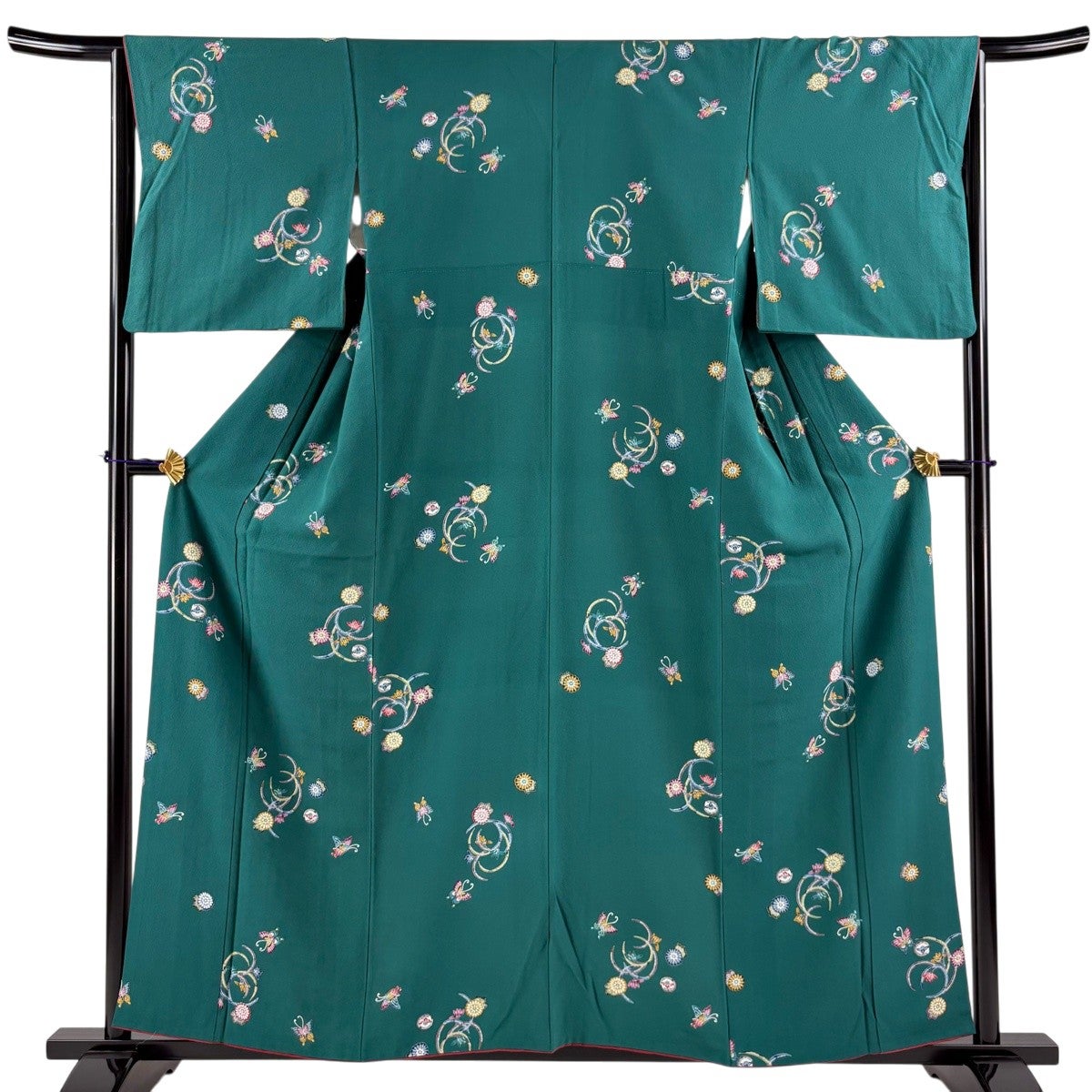 小紋 身丈158cm 裄丈65cm M 袷 鈴乃屋 菊 蝶 縮緬 緑 正絹 秀品｜中古