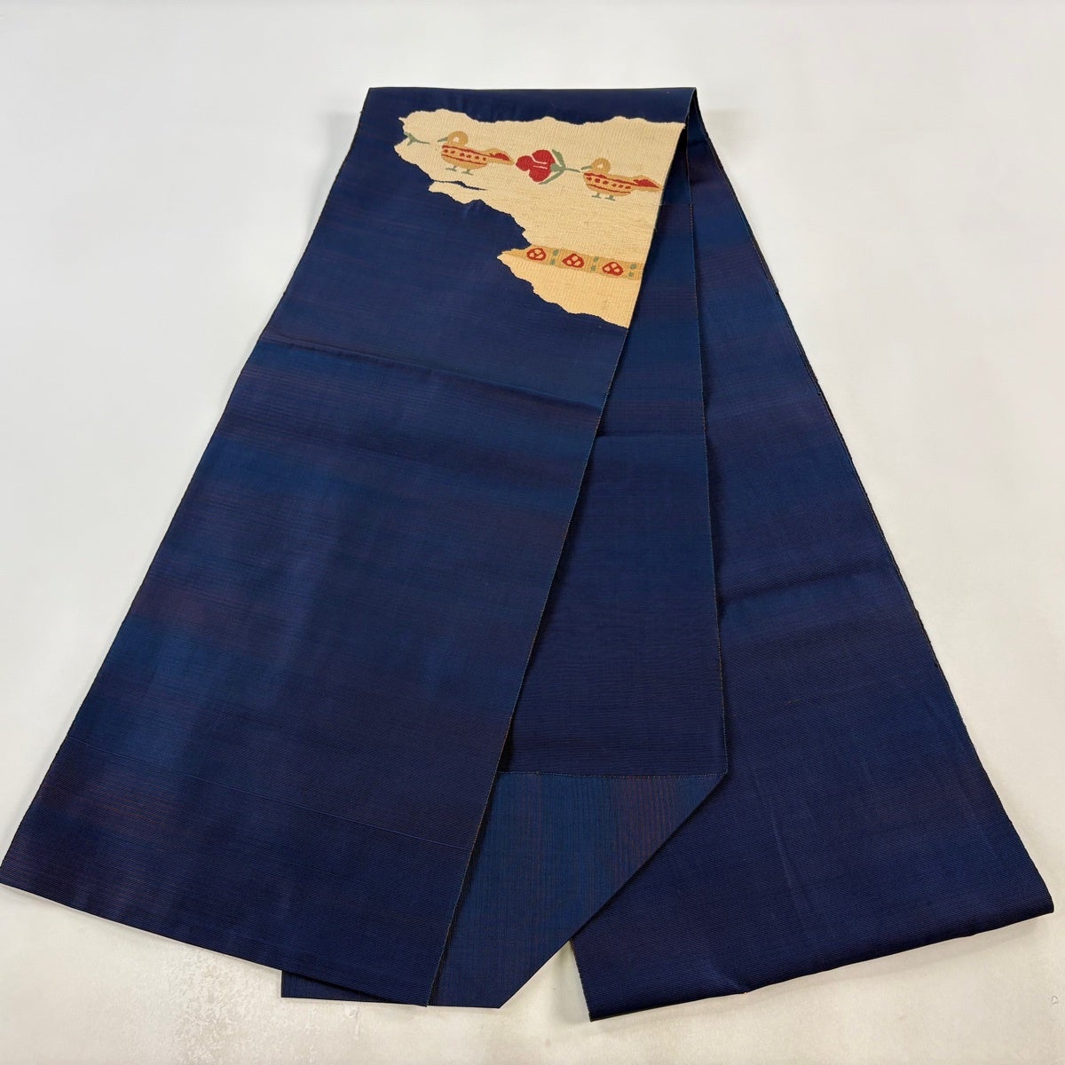 名古屋帯 優品 松葉仕立て 八寸名古屋帯 鳥 草花 紺色 正絹｜中古