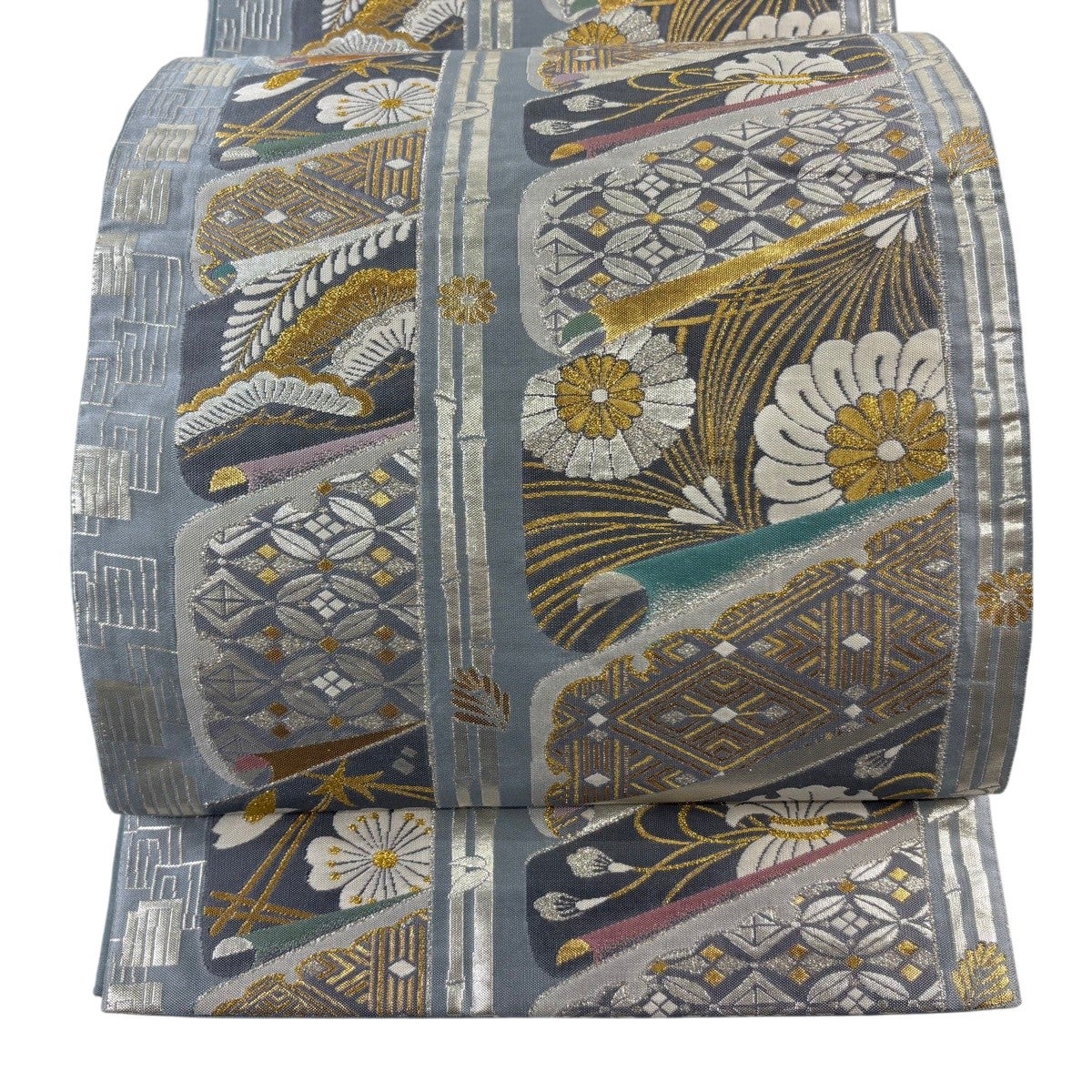 美品】 名古屋帯 名品 菊 草花 金銀糸 箔 青灰色 正絹｜中古・古着