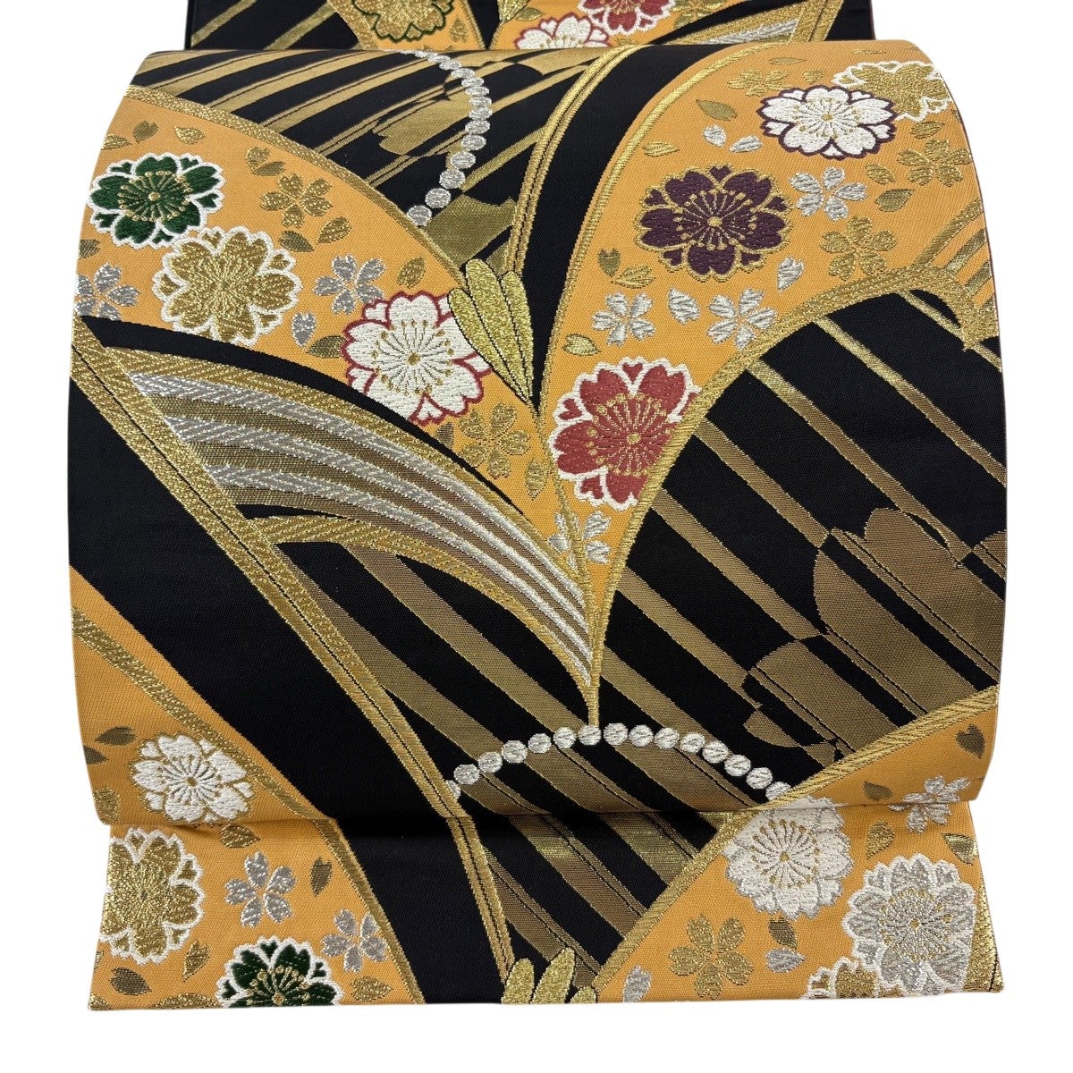 袋帯 秀品 桜 斜縞 唐織 箔 黒 六通 正絹｜中古・古着・リサイクル着物