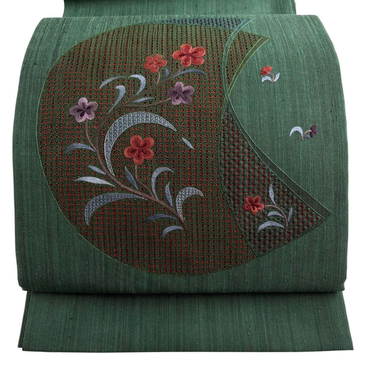 ［お太鼓柄］袋帯　新品未使用品　刺繍　462cm O-925 美品】 袋帯 秀品 紬地 花鳥 刺繍 えんじ色 お太鼓柄 正絹｜中古・古着