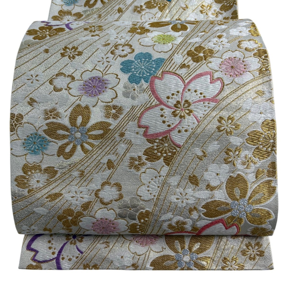 美品】 袋帯 秀品 振袖向き 草花 幾何学 唐織 金糸 紫 六通 正絹 【