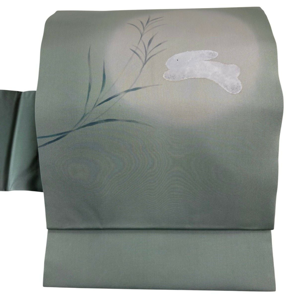 50%OFF 【美品】 名古屋帯 名品 猫 葉柄 縮緬 抹茶色 正絹 K50｜中古