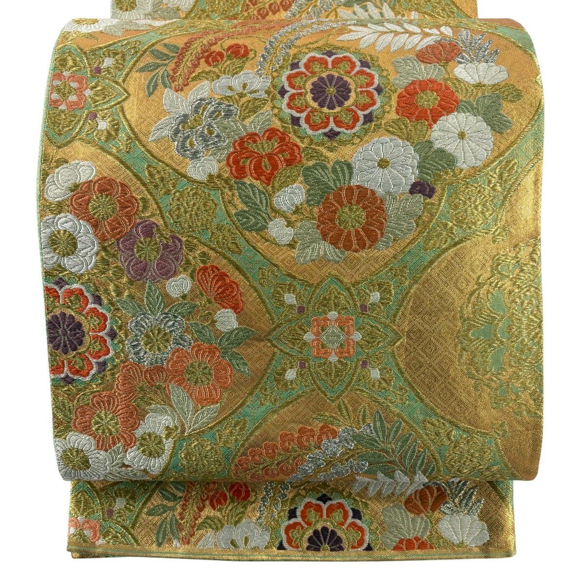 美品】 袋帯 秀品 草花 鳥 箔 金銀糸 薄緑 六通 正絹｜中古・古着