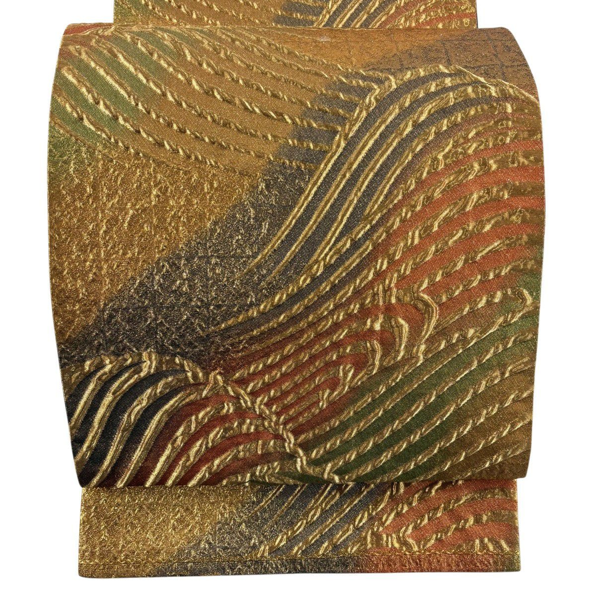 美品】 袋帯 秀品 花 幾何学模様 金糸 箔 黄緑色 全通 正絹｜中古