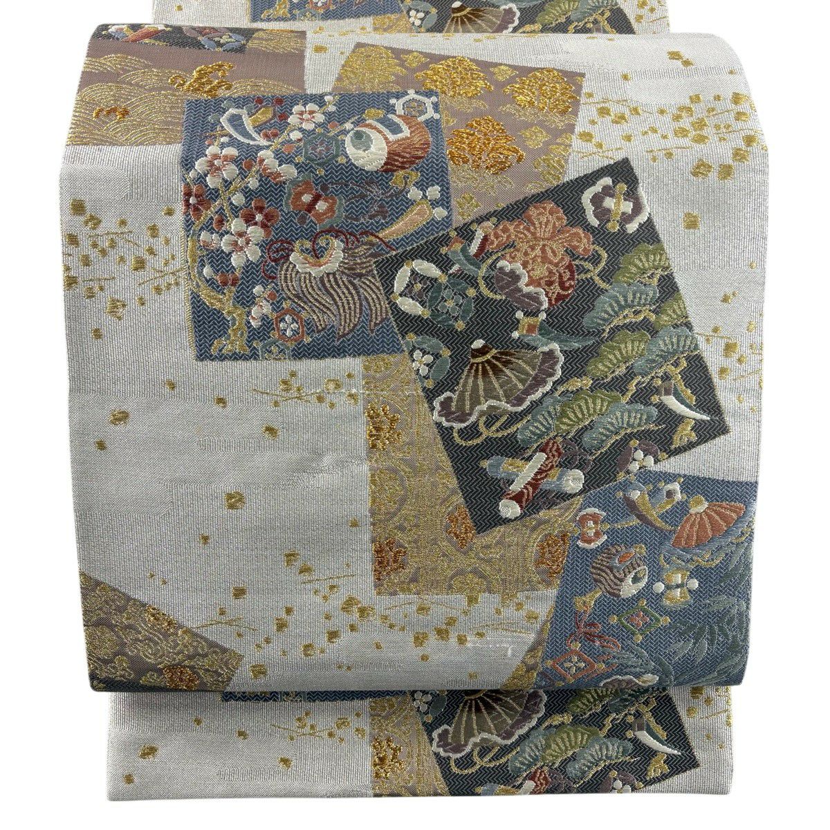 袋帯 秀品 細緻織 三重綾織 短冊秋草蒔絵文 金銀糸 刺繍 銀色 六通