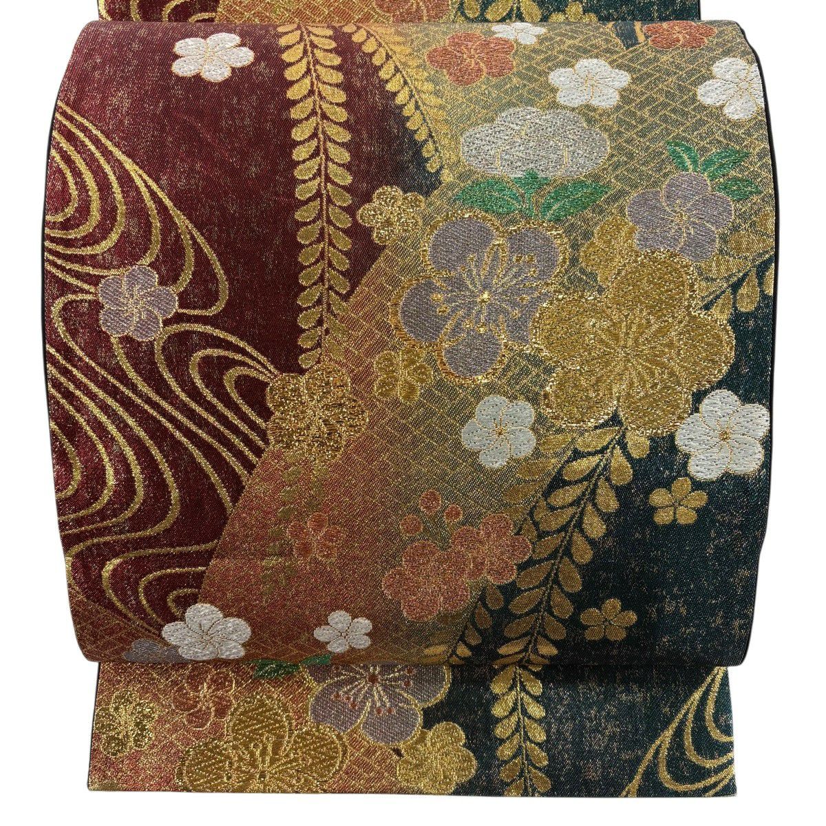 在庫一掃】 袋帯 秀品 梅 花唐草 金銀糸 刺繍 青紫 六通 正絹｜中古