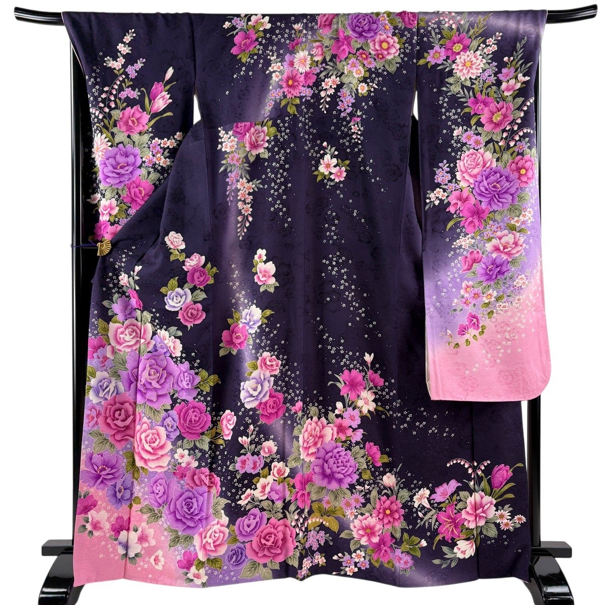 美品 振袖 身丈168cm 裄丈70cm L 袷 薔薇 桜 銀通し 金糸 濃紫