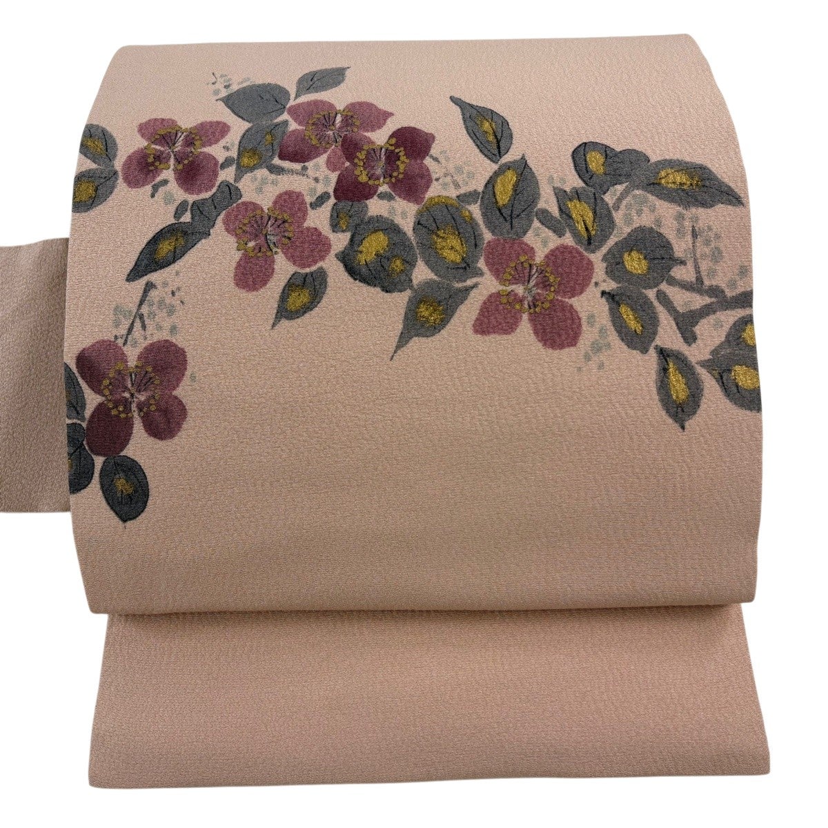 美品】 名古屋帯 秀品 落款あり 山科春宣 枝花 金彩 薄小豆 正絹｜中古