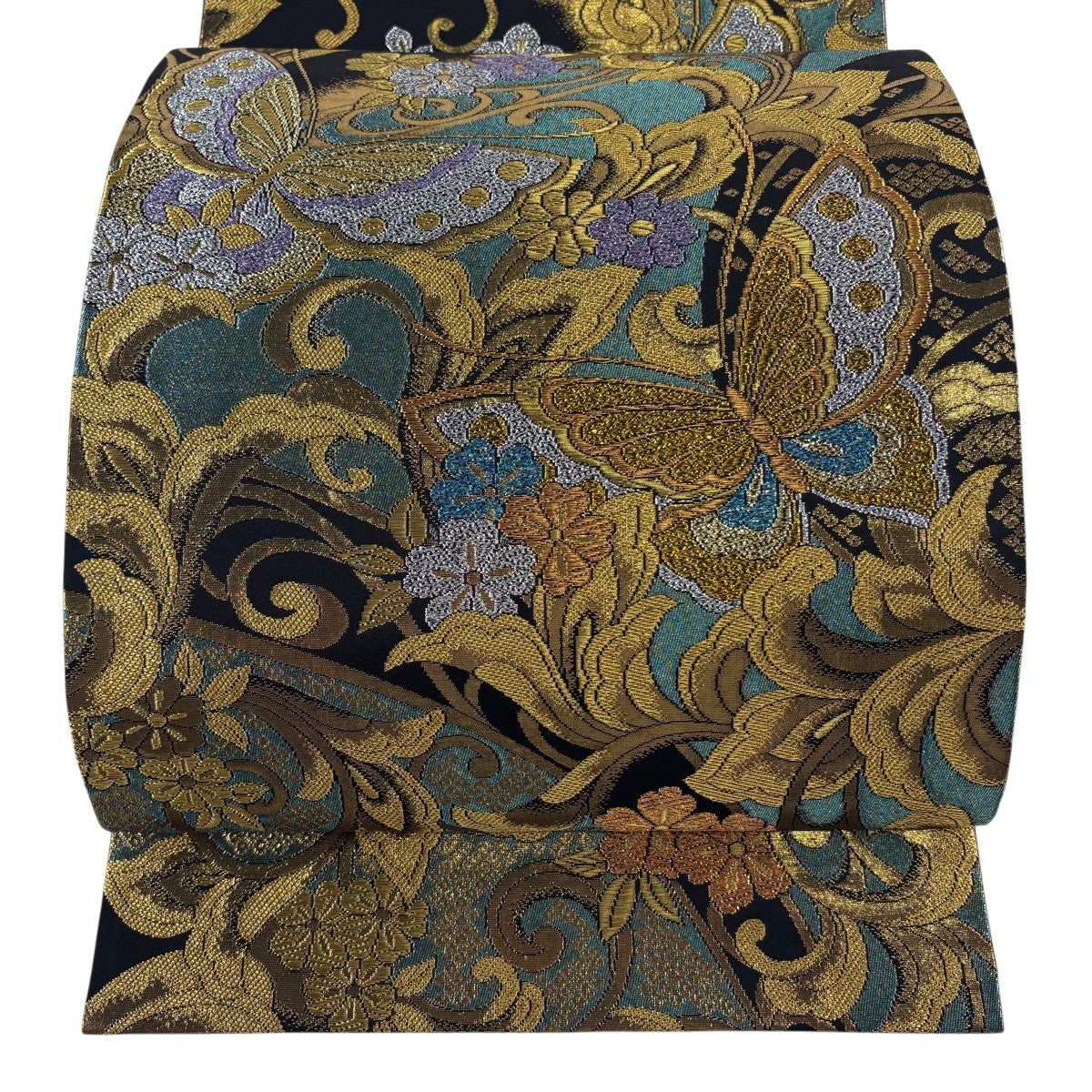美品】 袋帯 秀品 蝶 草花 金糸 箔 黒 六通 正絹｜中古・古着
