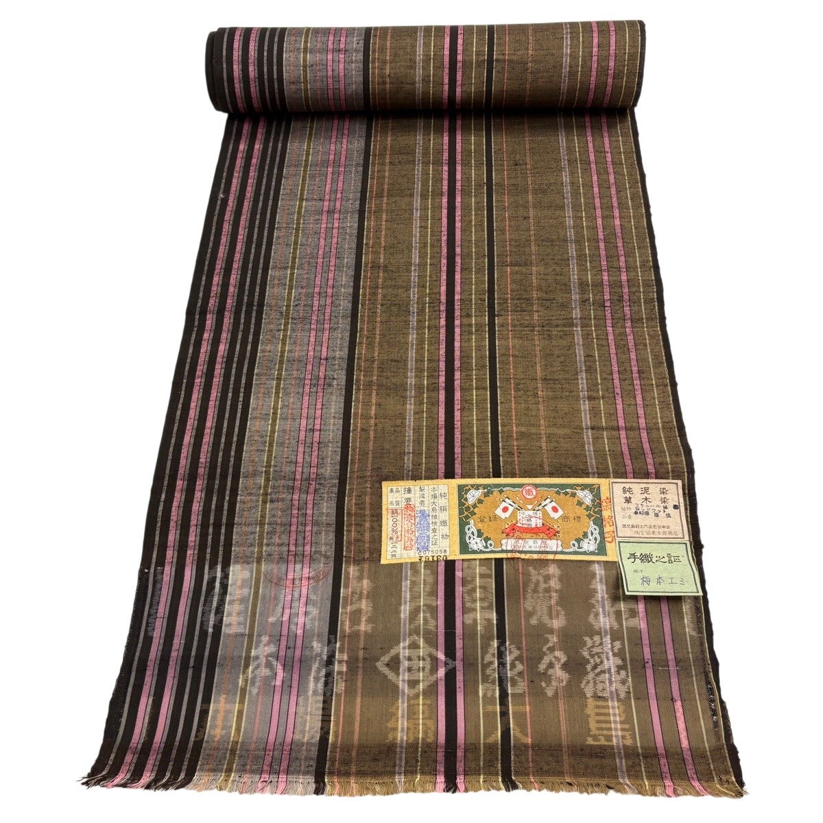 反物 名品 大島紬 証紙 花唐草 焦茶色 正絹 【中古】 大島紬 焦茶色