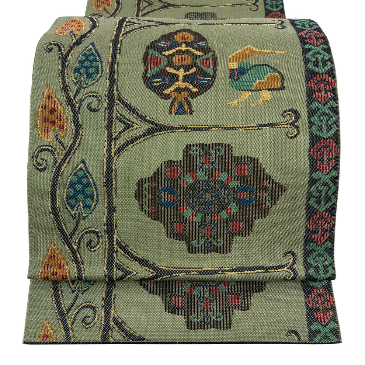 美品】 袋帯 秀品 草花 鳥 金通し 箔 よもぎ色 お太鼓柄 正絹|中古 美品】 袋帯 秀品 草花 鳥 金通し 箔 よもぎ色 お太鼓柄 正絹|中古