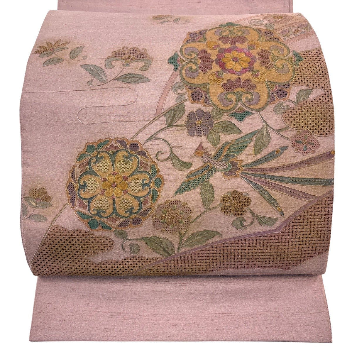 袋帯 秀品 華文 花鳥 切り嵌め 金糸 茶緑色 お太鼓柄 正絹｜中古・古着