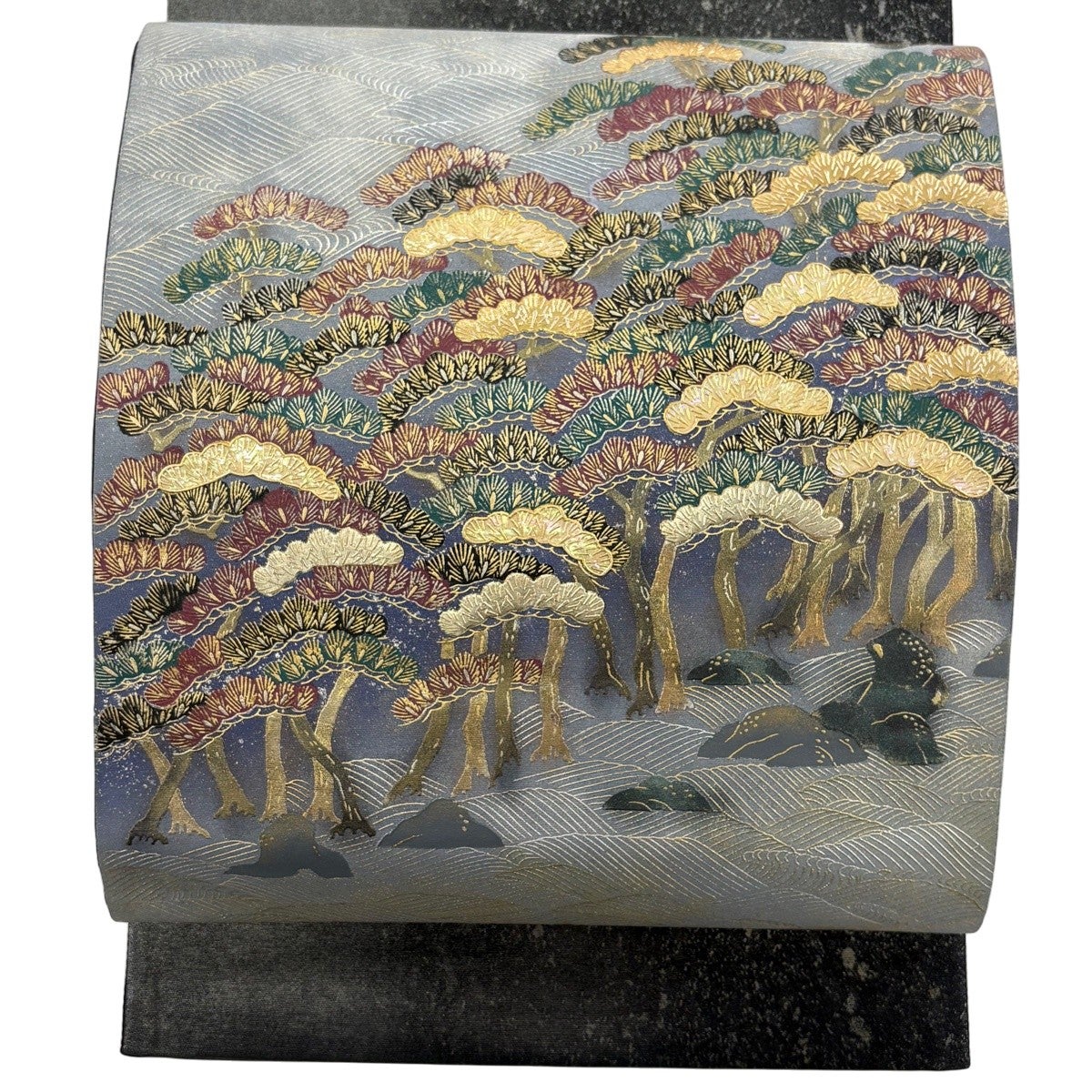 袋帯 秀品 絵箔螺鈿 文箱 琵琶 金彩 灰色 お太鼓柄 正絹｜中古・古着