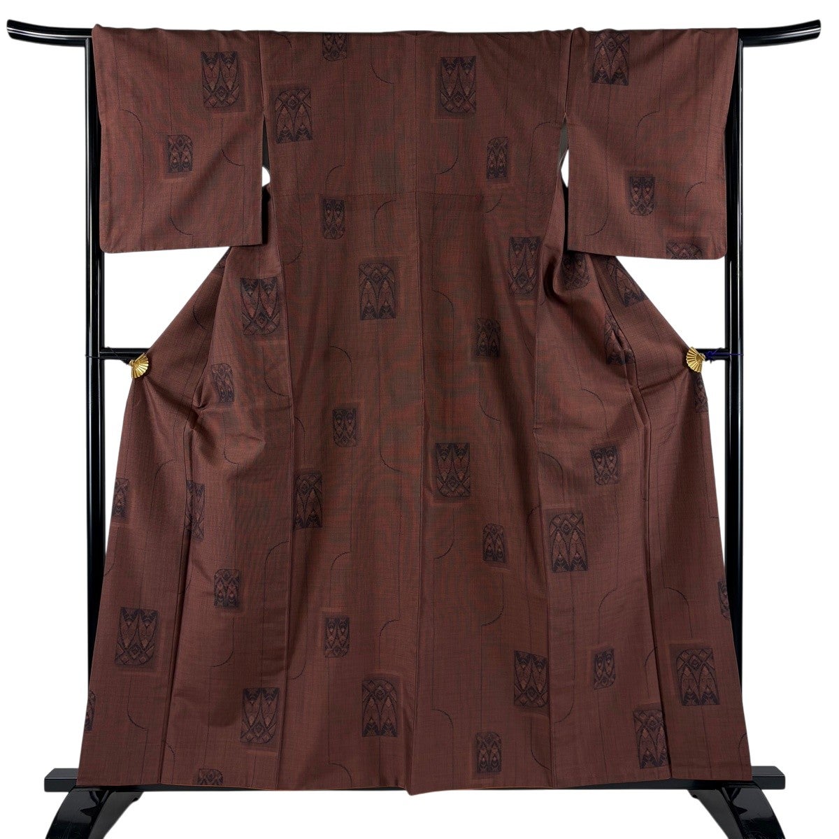 美品】 紬 身丈168cm 裄丈65.5cm M 袷 鈴 幾何学 灰茶 正絹 秀品｜中古