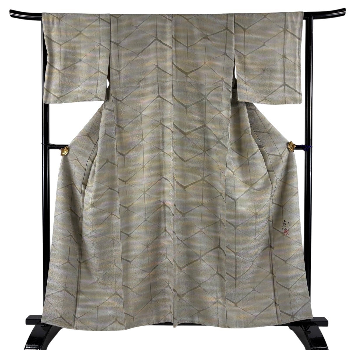 美品】 小紋 身丈157.5cm 裄丈65.5cm M 袷 茄子 小花 縮緬 緑 正絹 秀