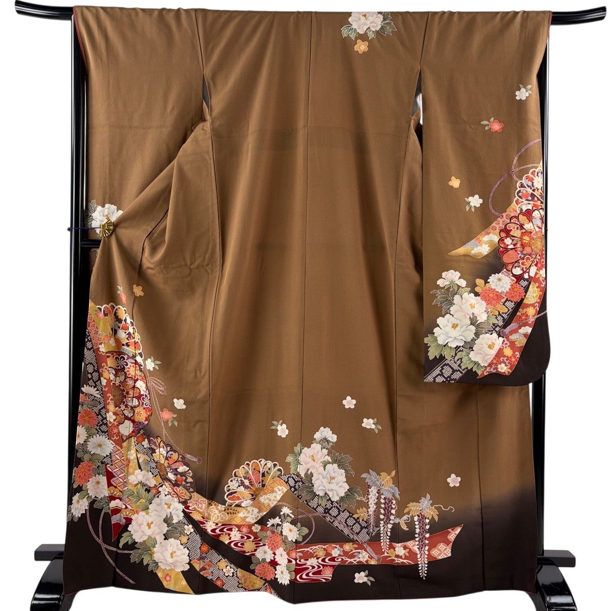 振袖 身丈163cm 裄丈66cm M 袷 菊 青海波 総絞り 黒 正絹 名品 【】