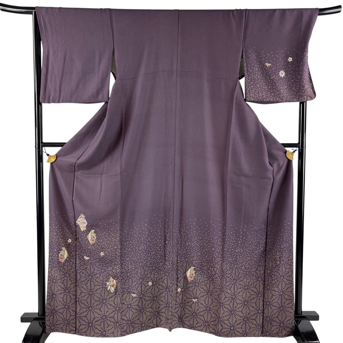 美品】 紬 身丈155.5cm 裄丈63cm S 袷 草花 道長取り 灰紫 正絹 秀品