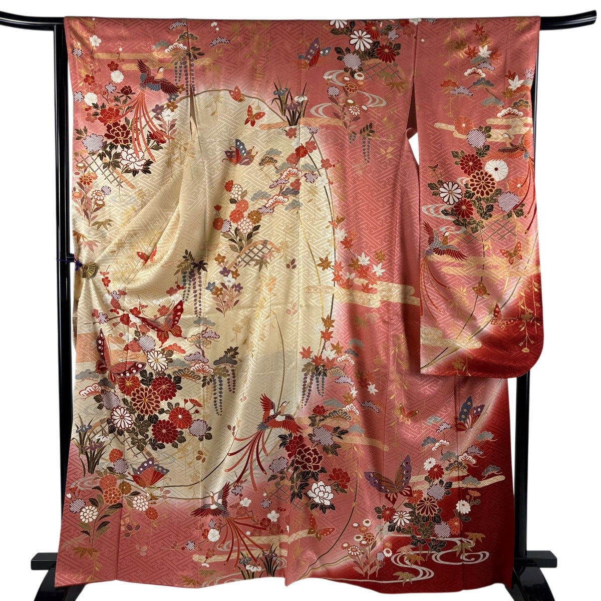 振袖 身丈160cm 裄丈68cm 正絹 名品 【中古】 振袖 身丈160cm 裄丈68cm L 袷 蝶 草花 金彩 染め分け 緑 正絹 秀品