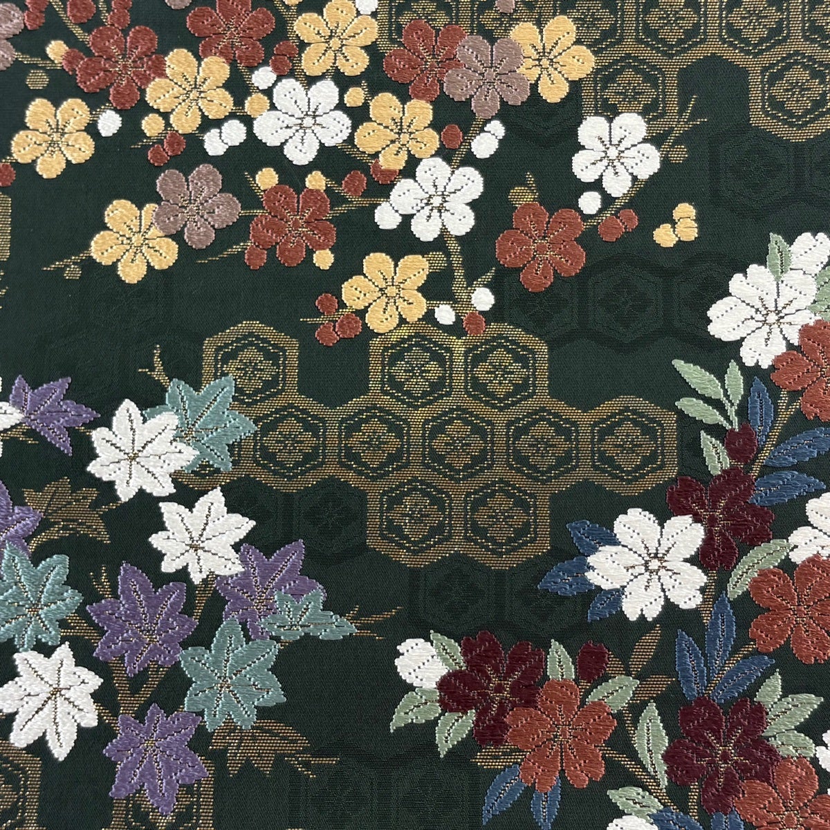 美品】 袋帯 秀品 亀甲 桜 唐織 箔 深緑 六通 正絹｜中古・古着