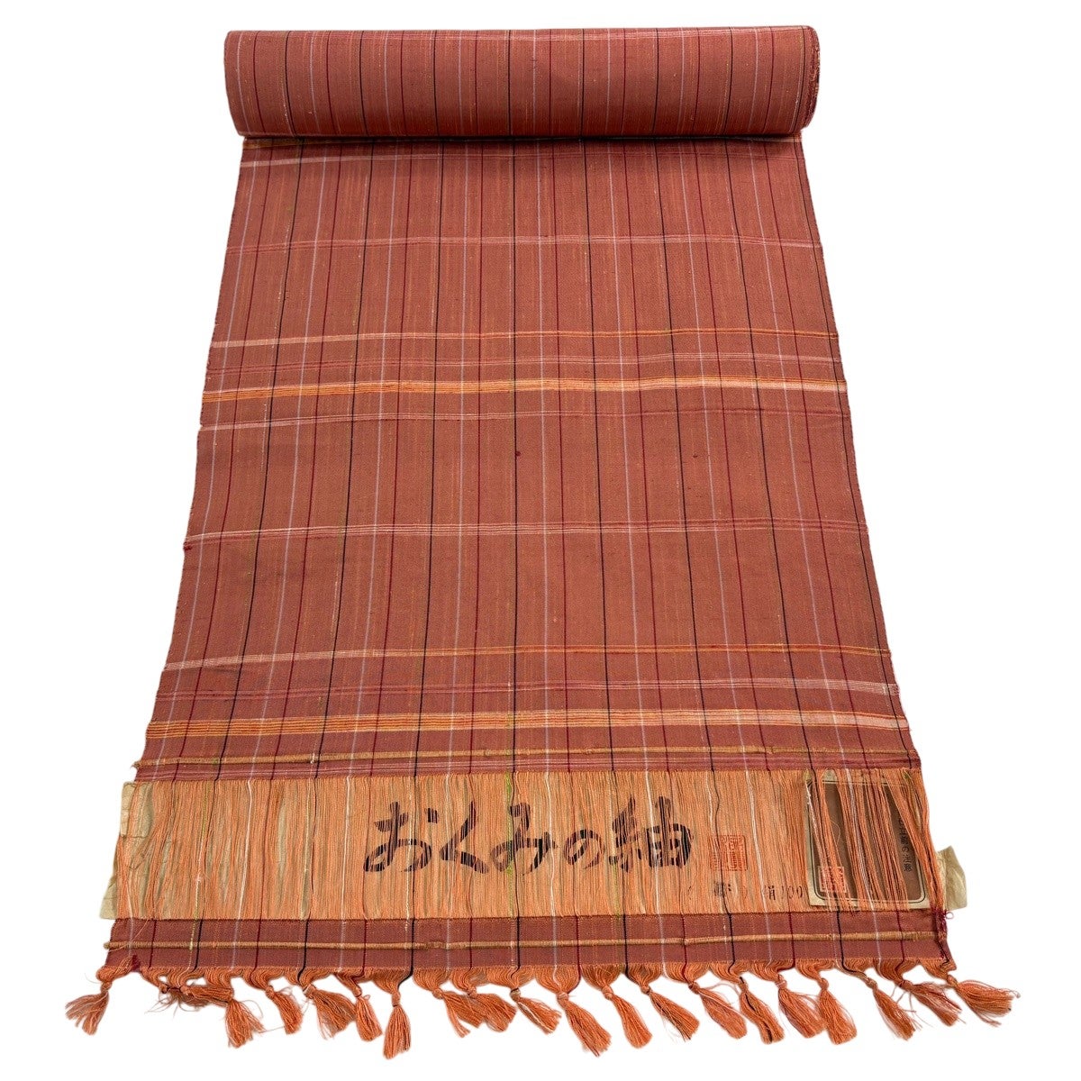 反物 秀品 紬 けいりょう織 縦縞 オレンジ 正絹｜中古・古着