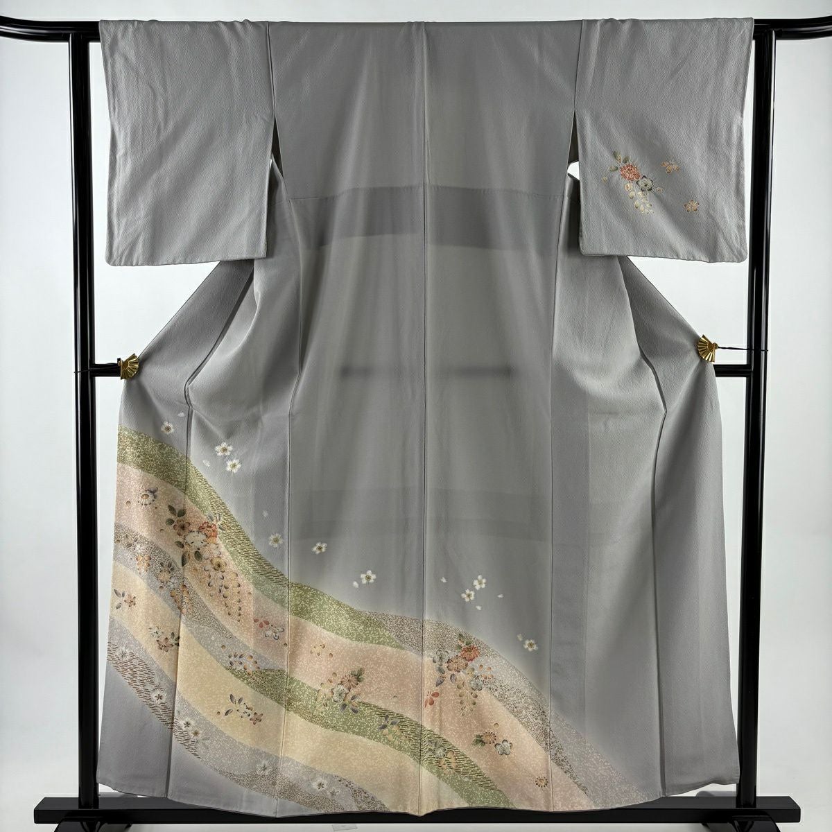 訪問着 身丈153.5cm 裄丈63cm S 袷 椿 笠松 染め分け ぼかし 灰緑 正絹