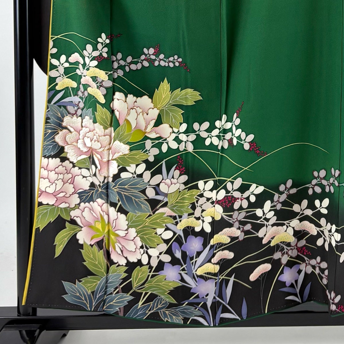 振袖 身丈157cm 裄丈63.5cm S 袷 牡丹 枝梅 金糸 金彩 緑 正絹 秀品
