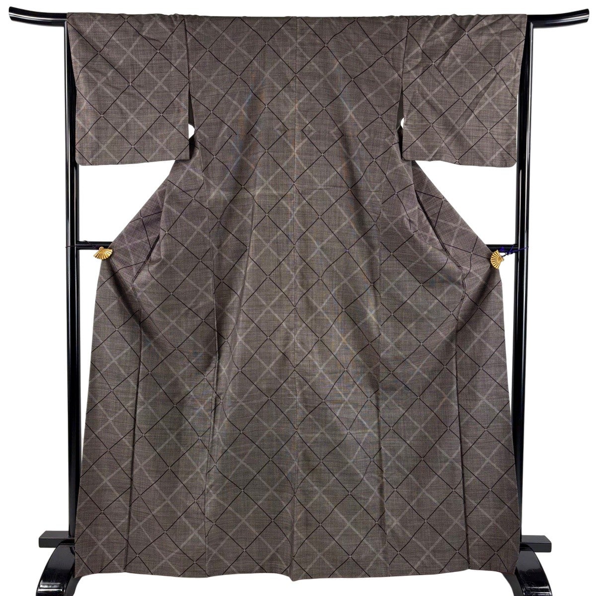 紬 身丈156cm 裄丈64cm M 袷 斜め格子 花 焦茶色 正絹 秀品｜中古