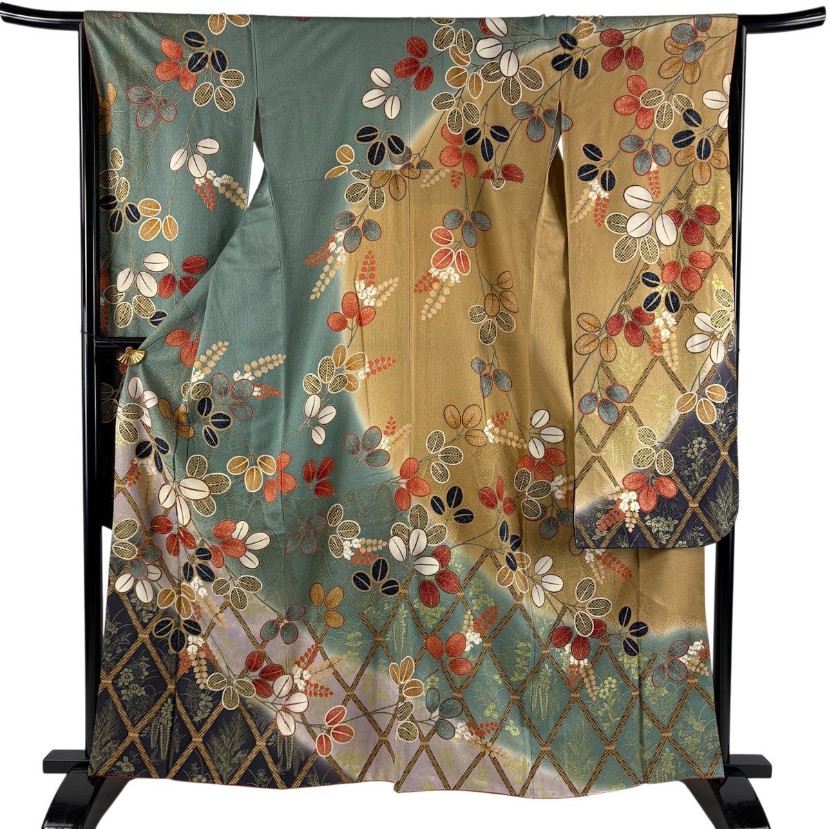 振袖 身丈164cm 裄丈66.5cm M 袷 御所車 菊 金糸 金彩 緑 正絹 秀品