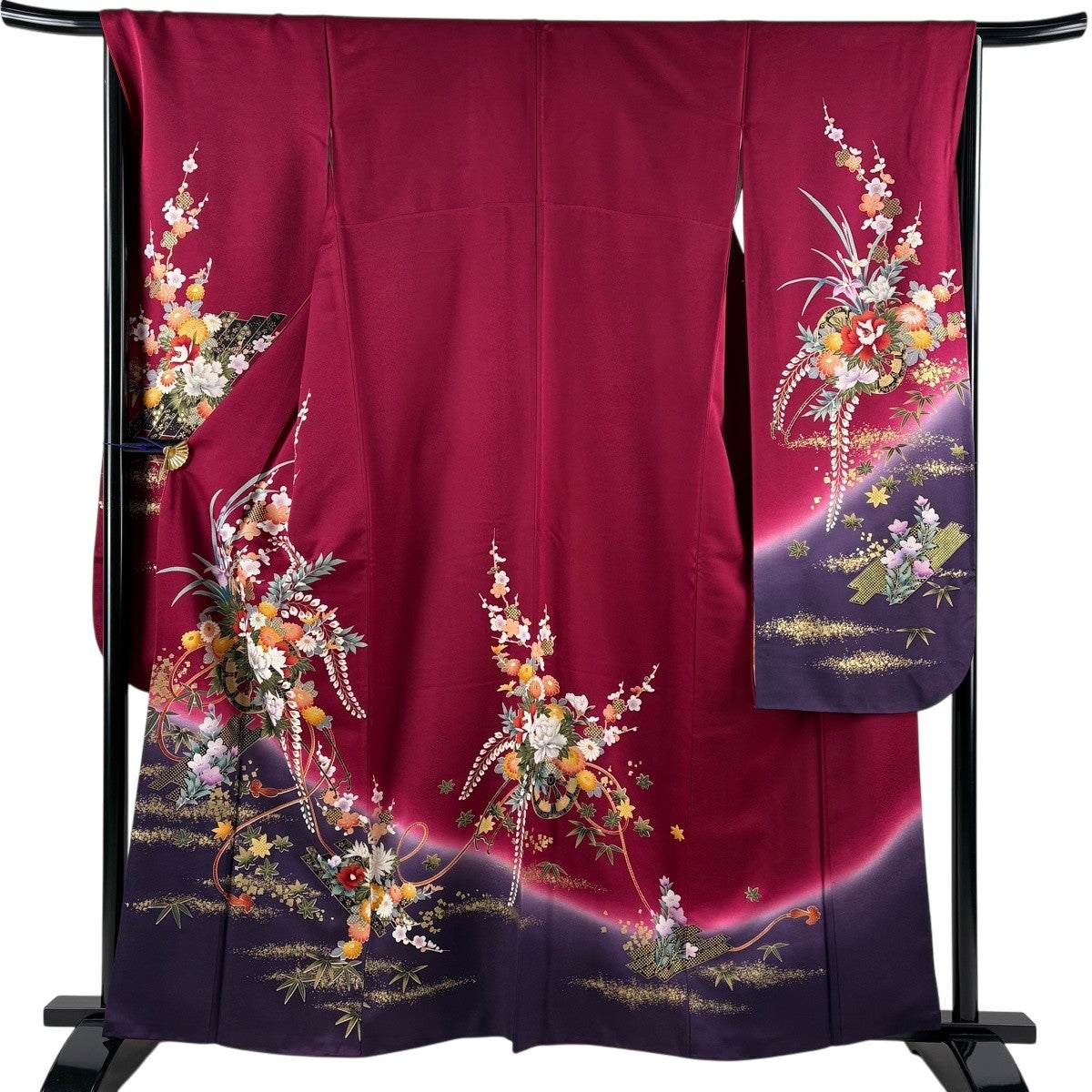 50%OFF 【美品】 振袖 身丈167.5cm 裄丈67cm M 袷 花車 蝶 金彩 朱色