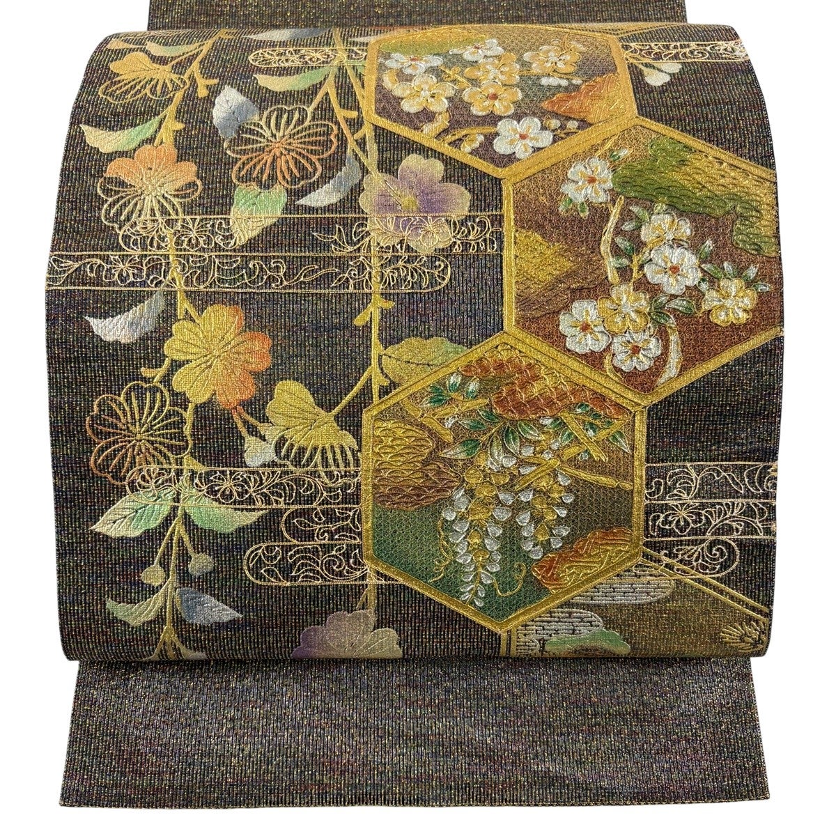 袋帯 秀品 亀甲 桜 金銀彩 箔 黒灰 お太鼓柄 正絹｜中古・古着