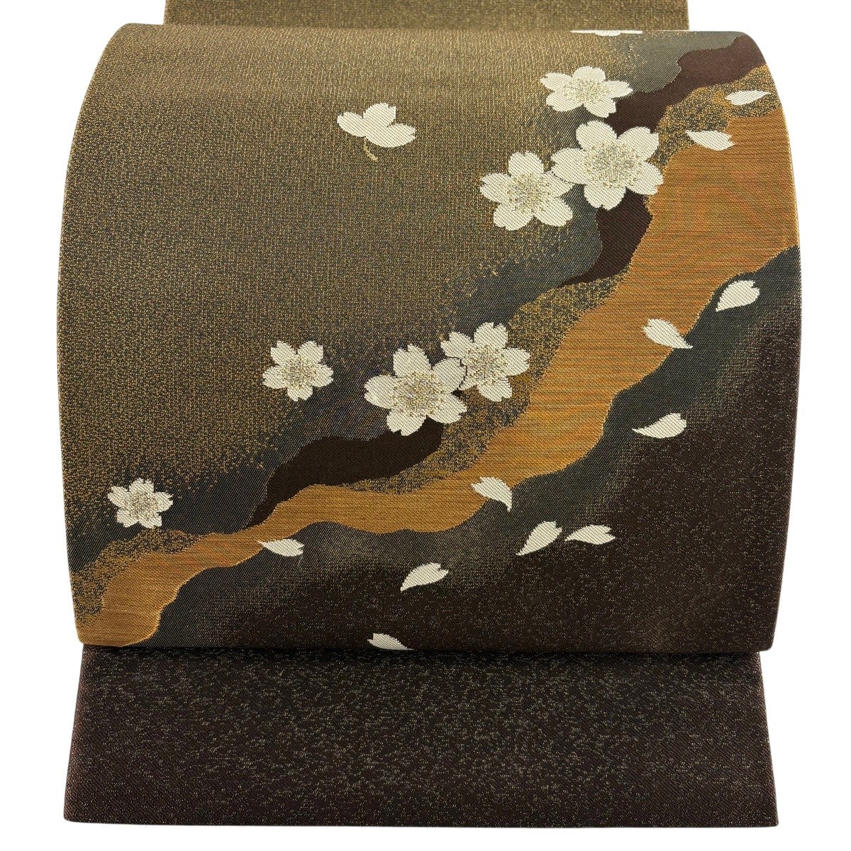 袋帯 名品 桜 花びら 箔 螺鈿 墨色 お太鼓柄 正絹｜中古・古着