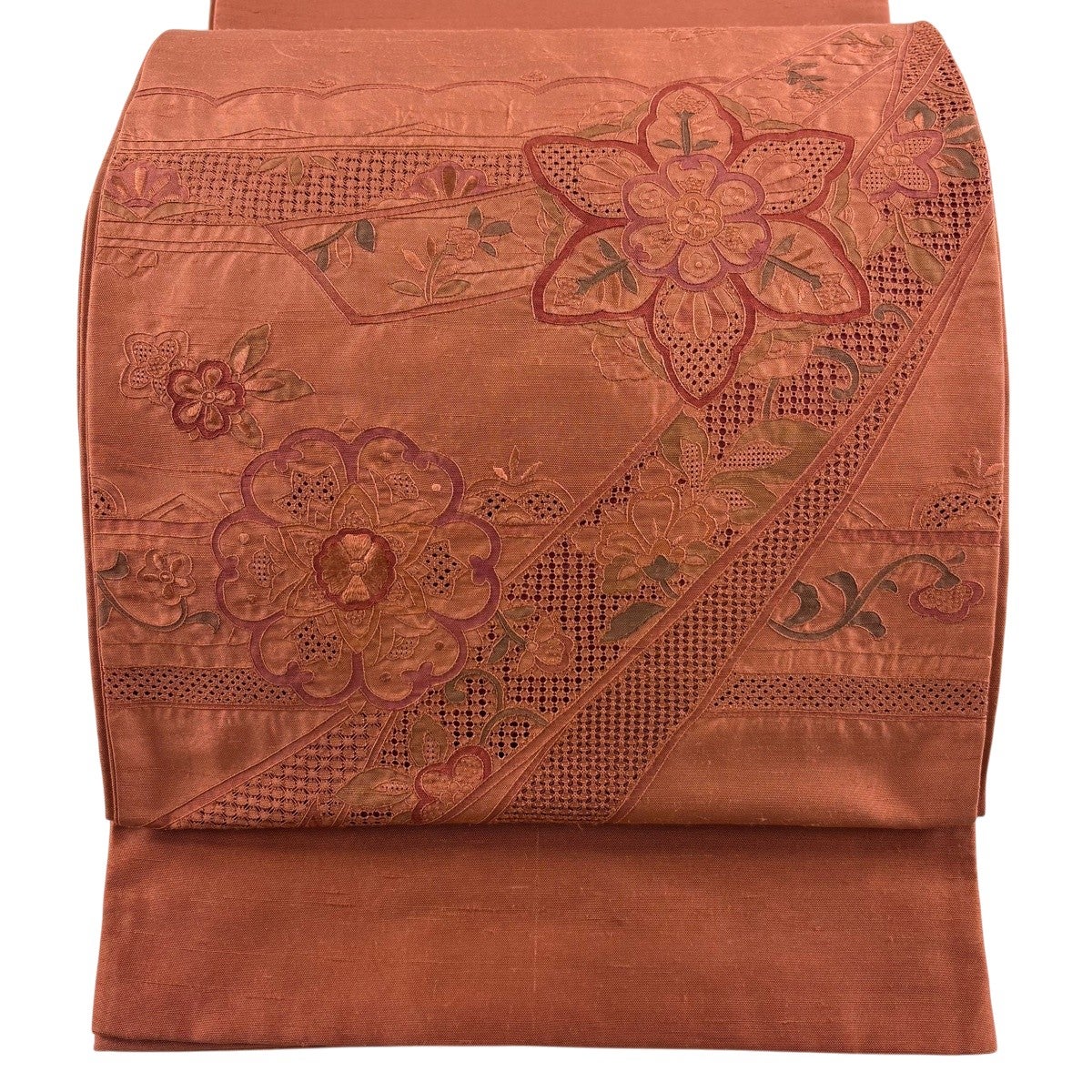 美品】 名古屋帯 優品 紬地 丸文 露芝 茜色 正絹｜中古・古着