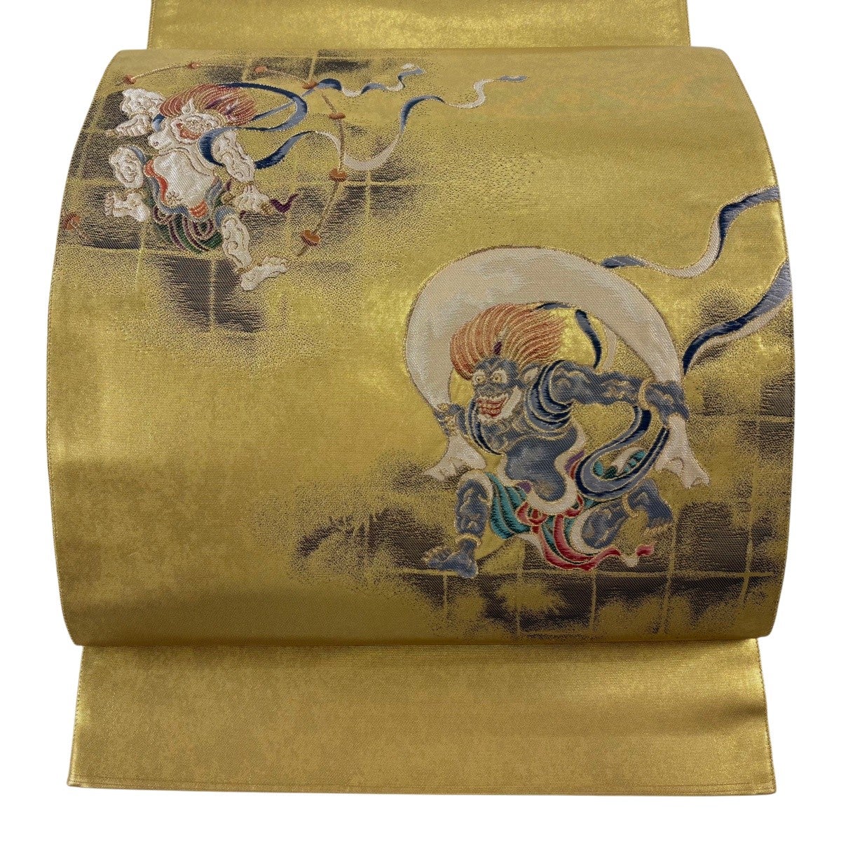 PD133 太鼓柄 刺繡 花籠文様 袋帯 金糸 逸品 美品】 袋帯 逸品 落款あり 風神 雷神 箔 金糸 金色 お太鼓柄 正絹