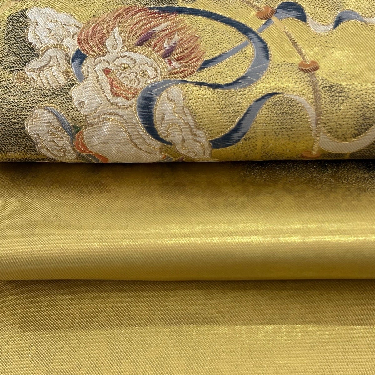 美品】 袋帯 逸品 落款あり 風神 雷神 箔 金糸 金色 お太鼓柄 正絹