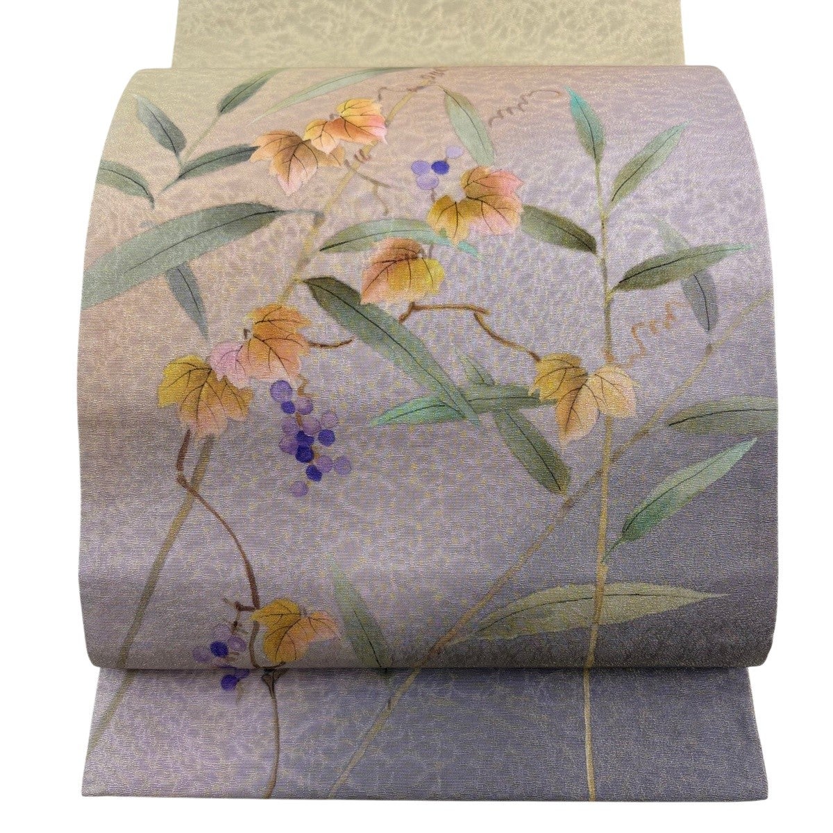 美品】 袋帯 名品 葡萄 金糸 ぼかし 灰紫 お太鼓柄 正絹｜中古・古着