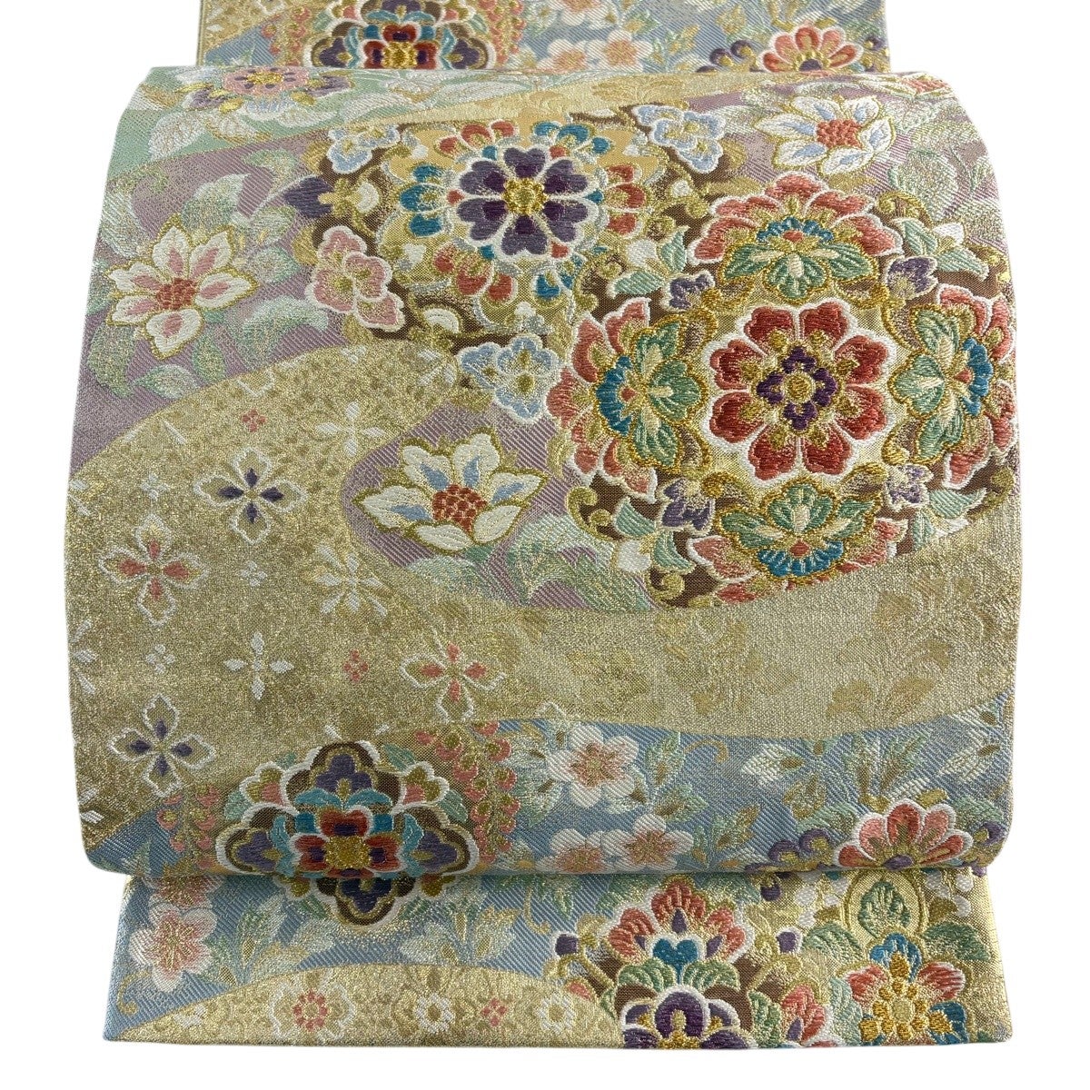 美品】 袋帯 逸品 藤井寛 落款あり 色紙 華文 金糸 箔 ベージュ 六通
