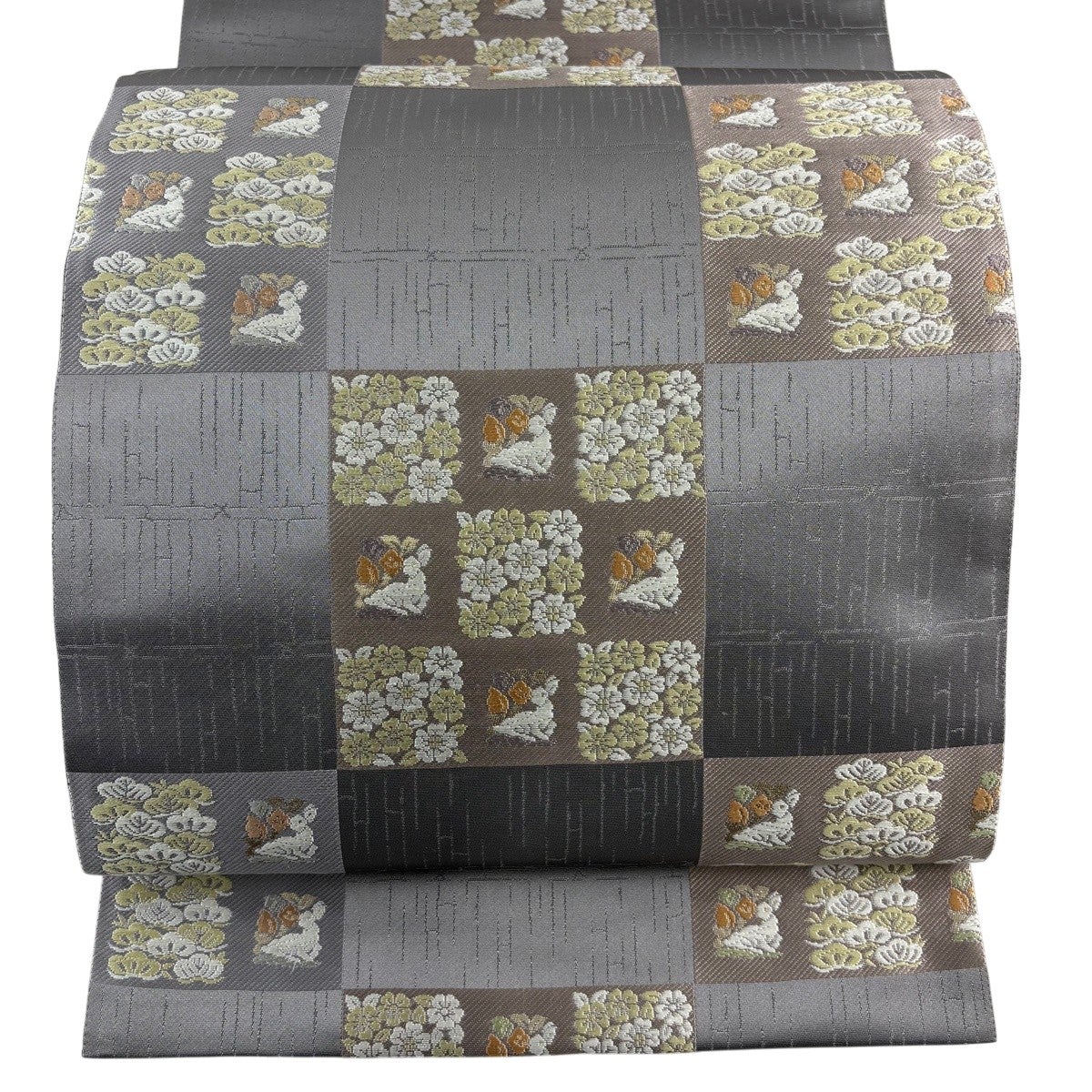 50%OFF 【美品】 袋帯 秀品 笠松 花うさぎ 箔 灰色 六通 正絹 K50