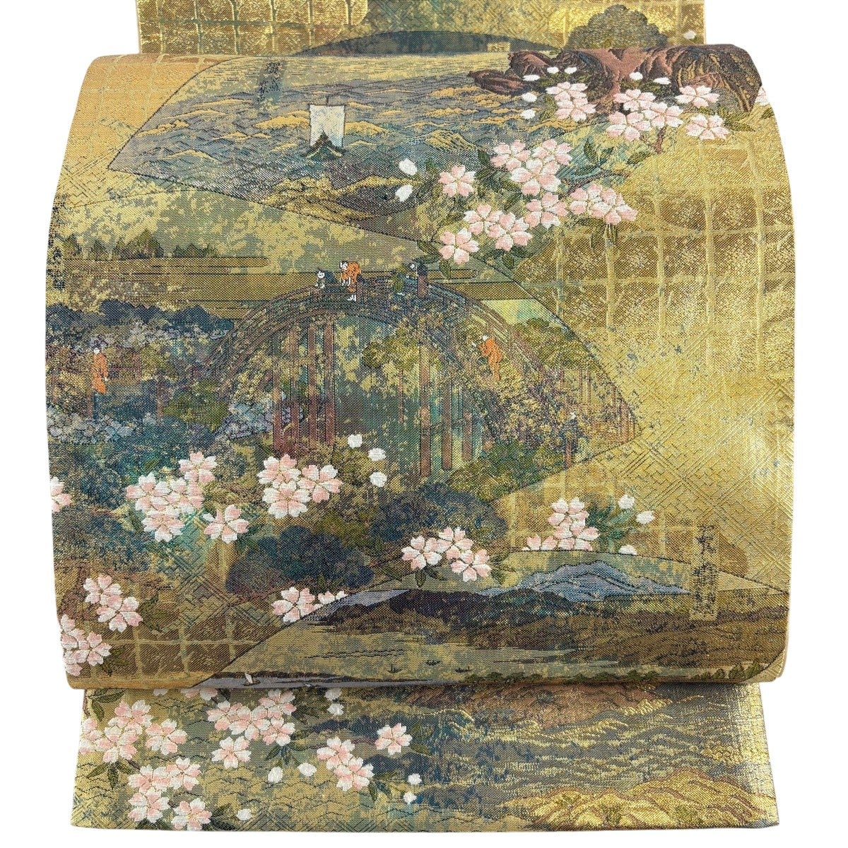 【美品】袋帯　高級螺鈿　森風景　お太鼓柄 袋帯 秀品 風景 建物 螺鈿箔 金彩 金色 お太鼓柄 正絹｜中古・古着