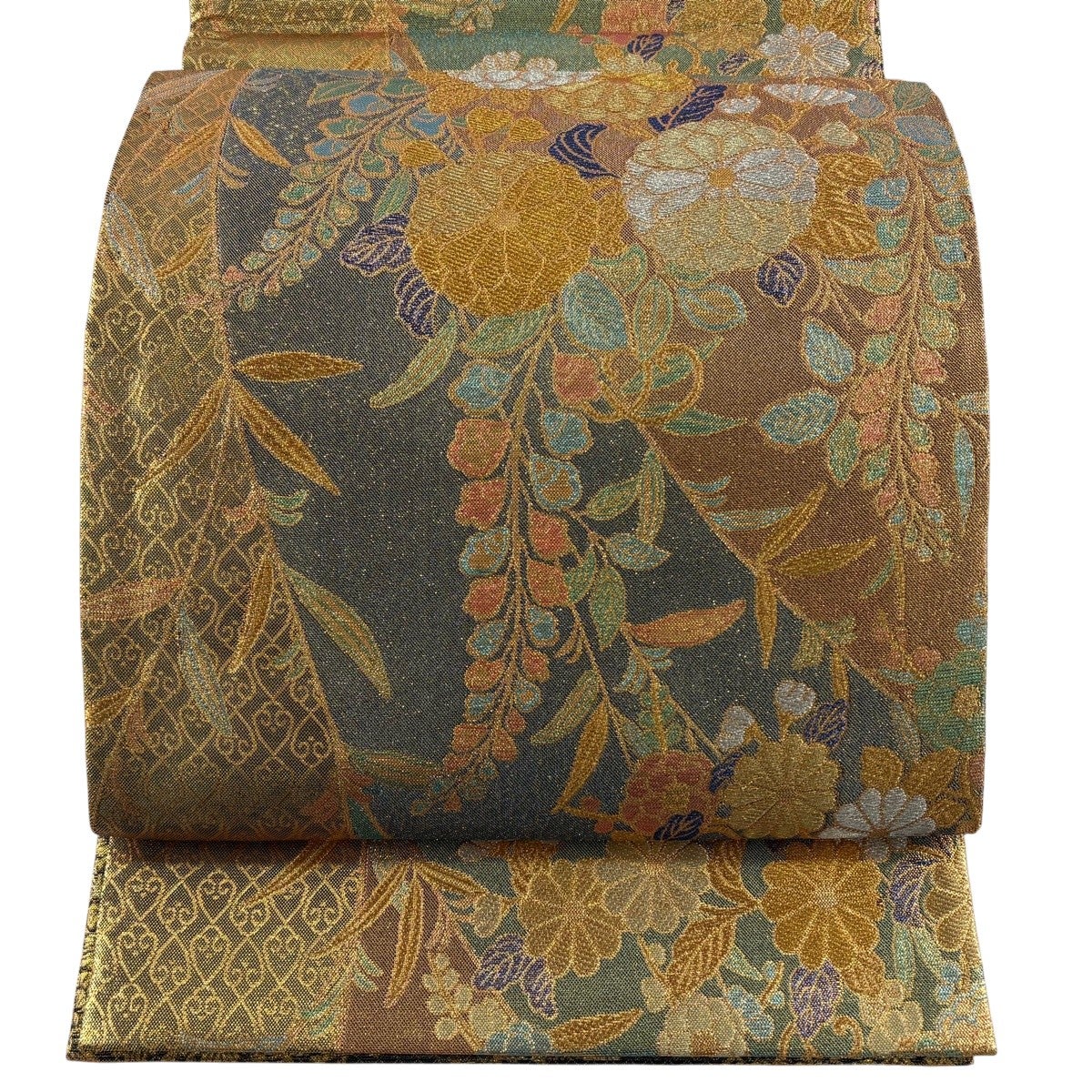 美品】 袋帯 秀品 鎌倉文 草花 金銀糸 箔 金色 六通 正絹｜中古・古着 