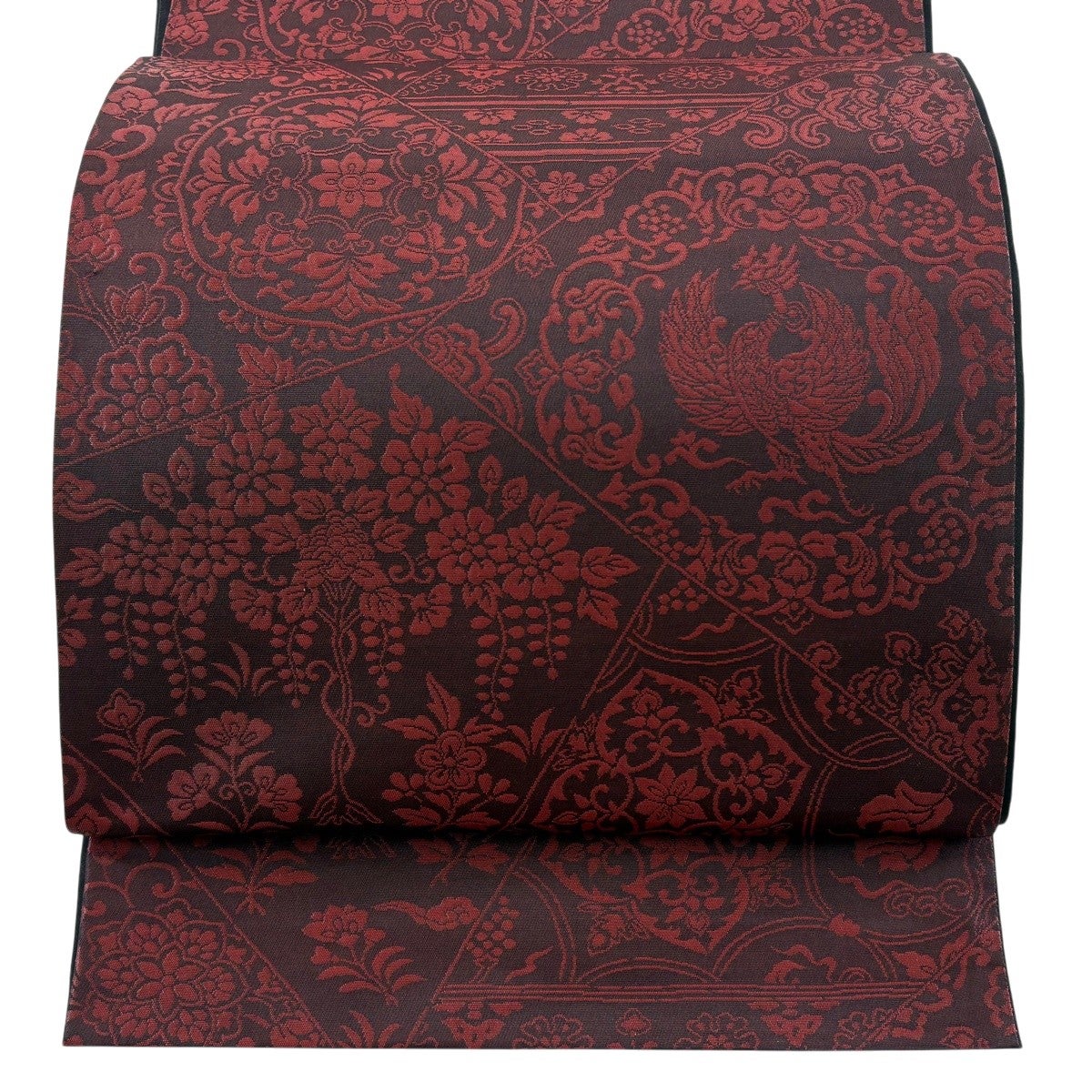 美品】 袋帯 秀品 裂取紗羅正倉文 草花 鳳凰 箔 えんじ色 六通 正絹