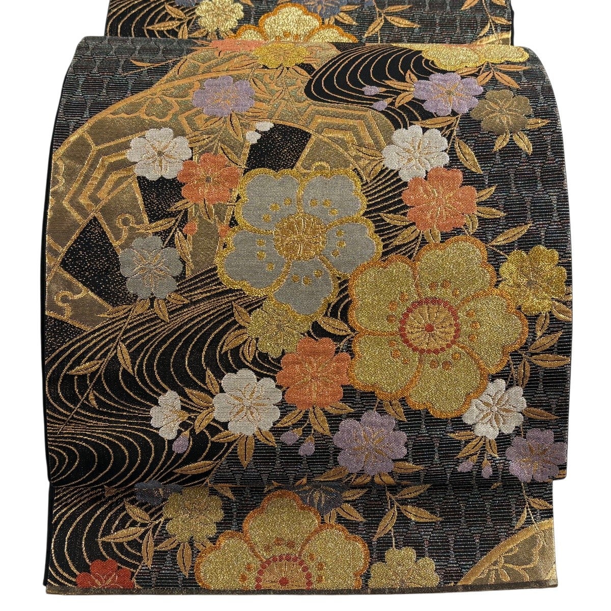 【KIIRO】キイロ／箔プリント 洒落袋帯 美品】 袋帯 秀品 振袖向き 桜 片輪車 ラメ箔 箔 黒 六通 正絹｜中古