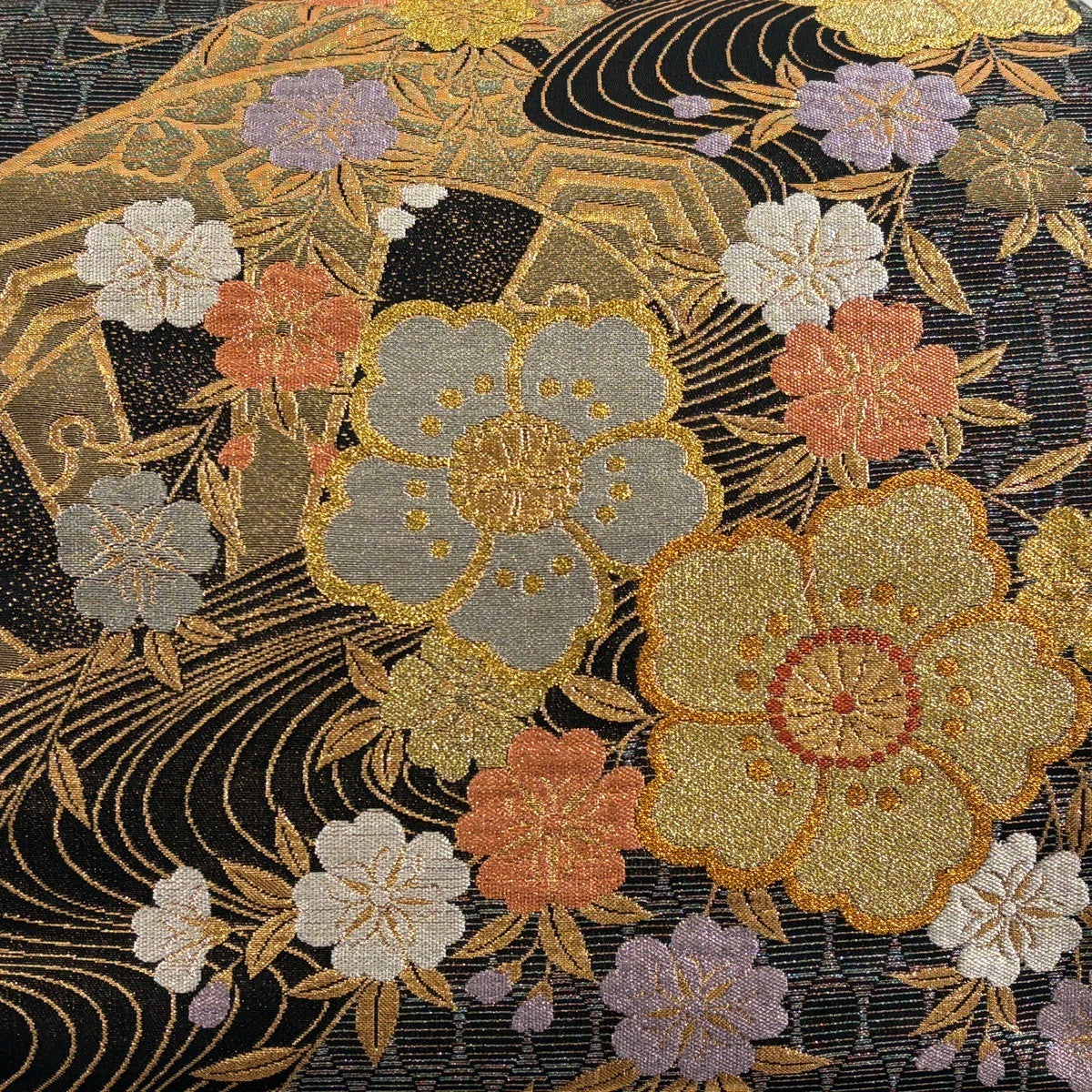 【KIIRO】キイロ／箔プリント 洒落袋帯 美品】 袋帯 秀品 振袖向き 桜 片輪車 ラメ箔 箔 黒 六通 正絹｜中古