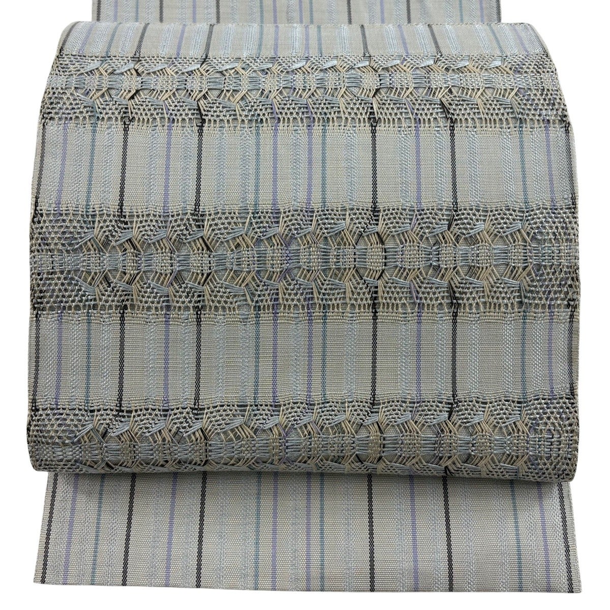 美品】 名古屋帯 逸品 八寸名古屋帯 松葉仕立て 縞 草花 ベージュ 正絹
