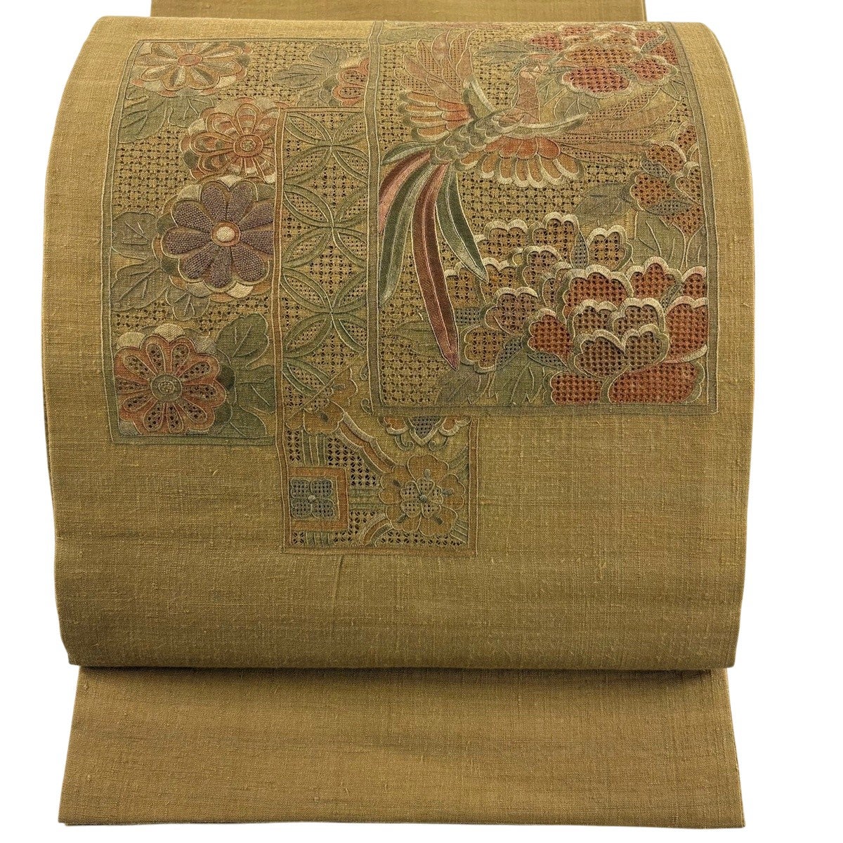 ゆりのはな　未使用品　袋帯　鳳凰　刺繍入り　お太鼓柄　茶色系　正絹　C406 美品】 袋帯 秀品 紬地 牡丹 鳳凰 刺繍 山吹茶色 お太鼓柄 正絹｜中古